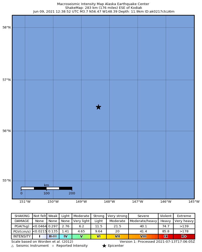 USGS ShakeMap: estimated shaking intensity around the epicenter