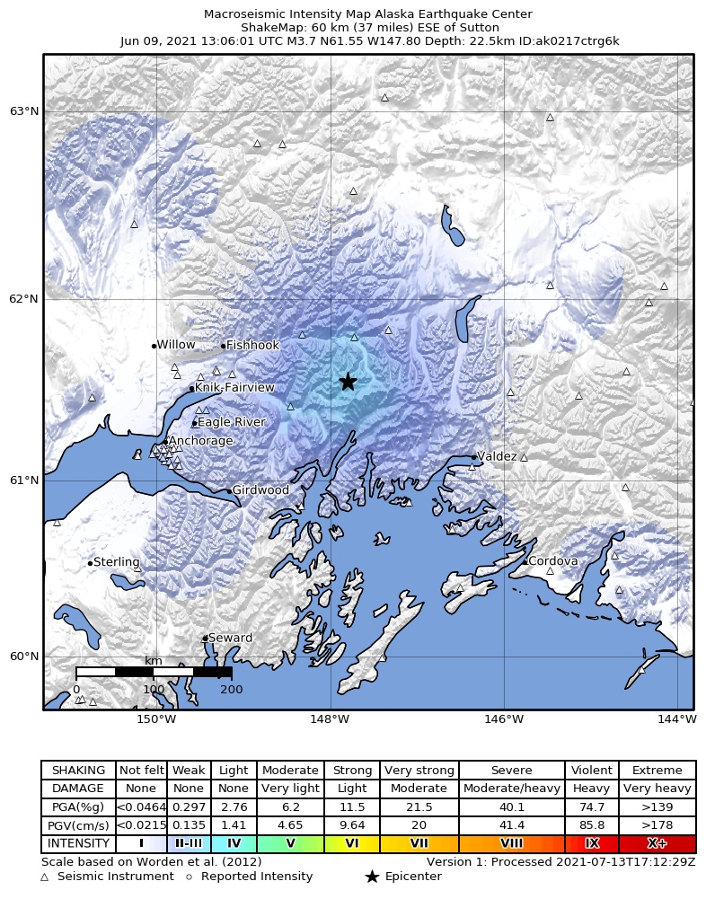 USGS ShakeMap: estimated shaking intensity around the epicenter