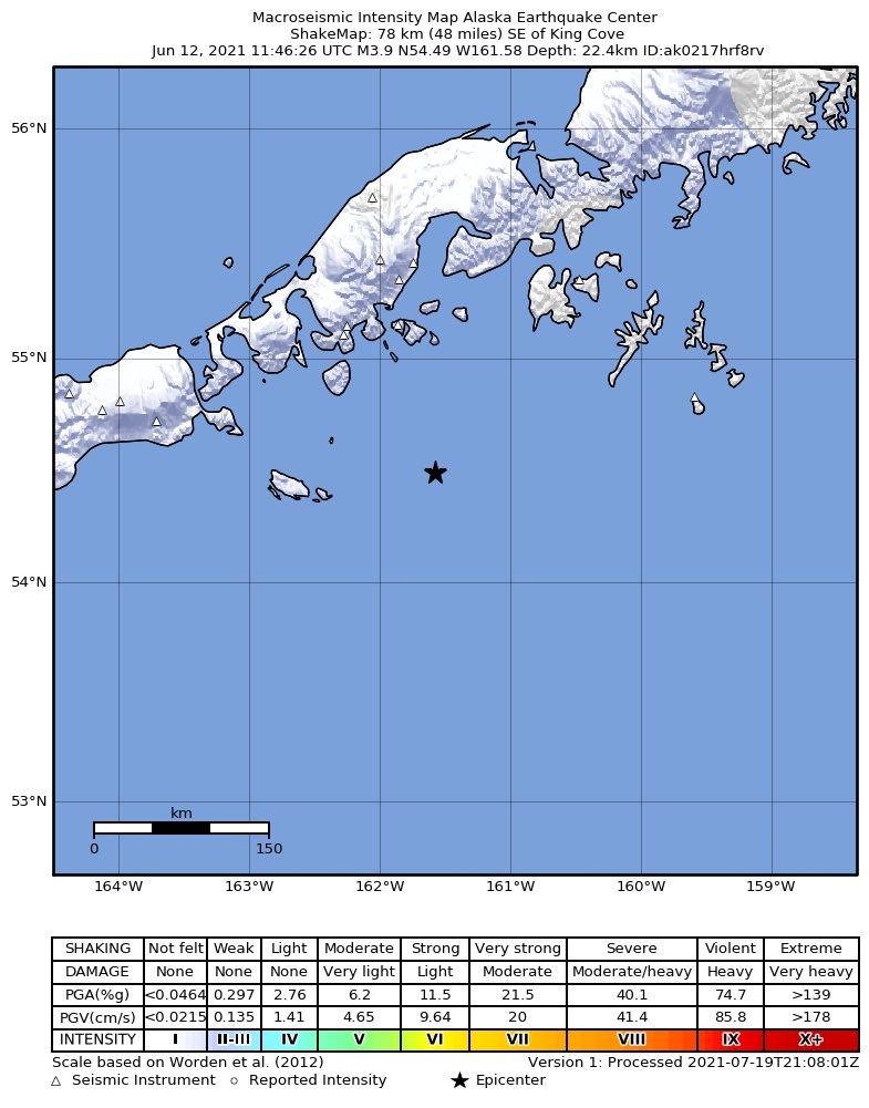 USGS ShakeMap: estimated shaking intensity around the epicenter