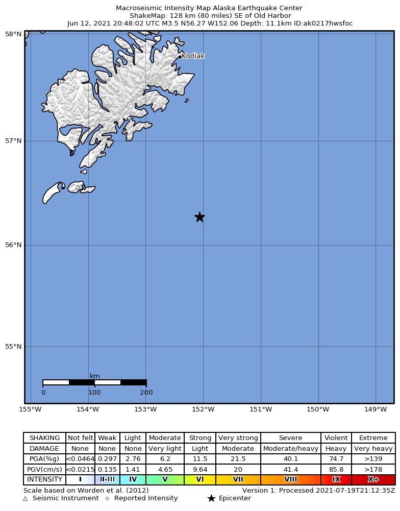 USGS ShakeMap: estimated shaking intensity around the epicenter