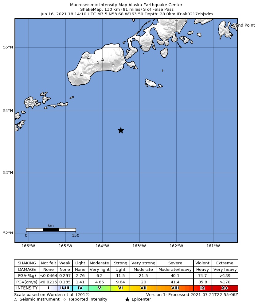USGS ShakeMap: estimated shaking intensity around the epicenter