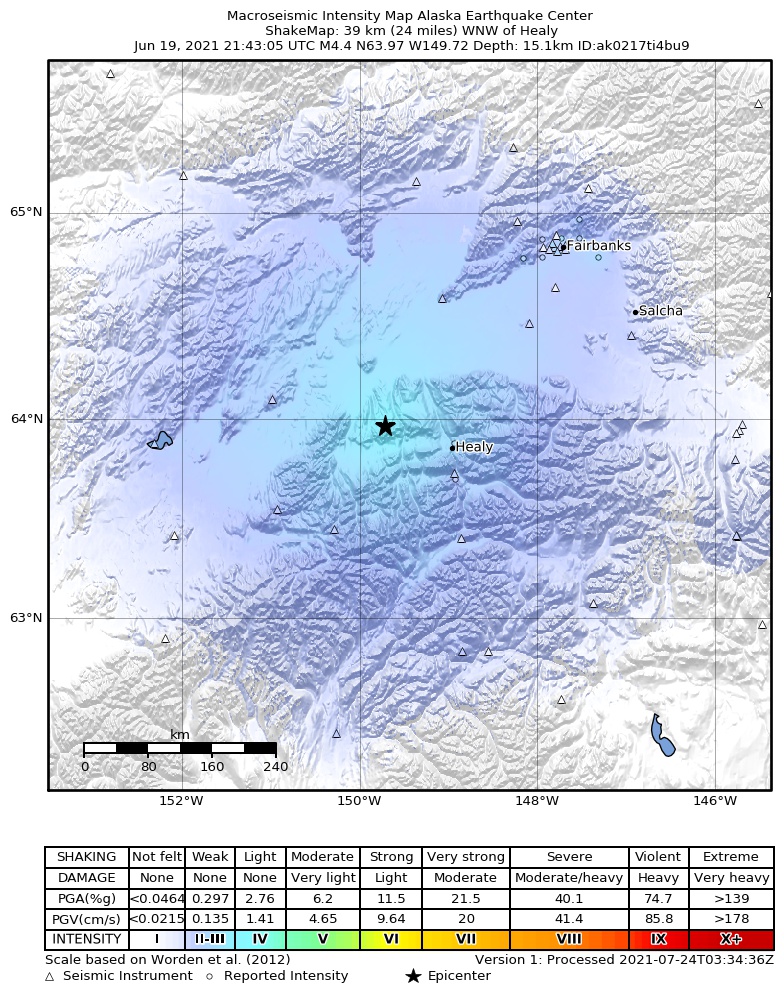 USGS ShakeMap intensity contours for the M4.4 earthquake near 32 km W of Ferry, Alaska