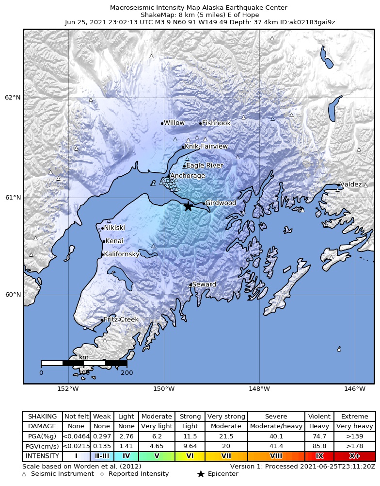 USGS ShakeMap intensity contours for the M3.9 earthquake near 4 km NW of Sunrise, Alaska