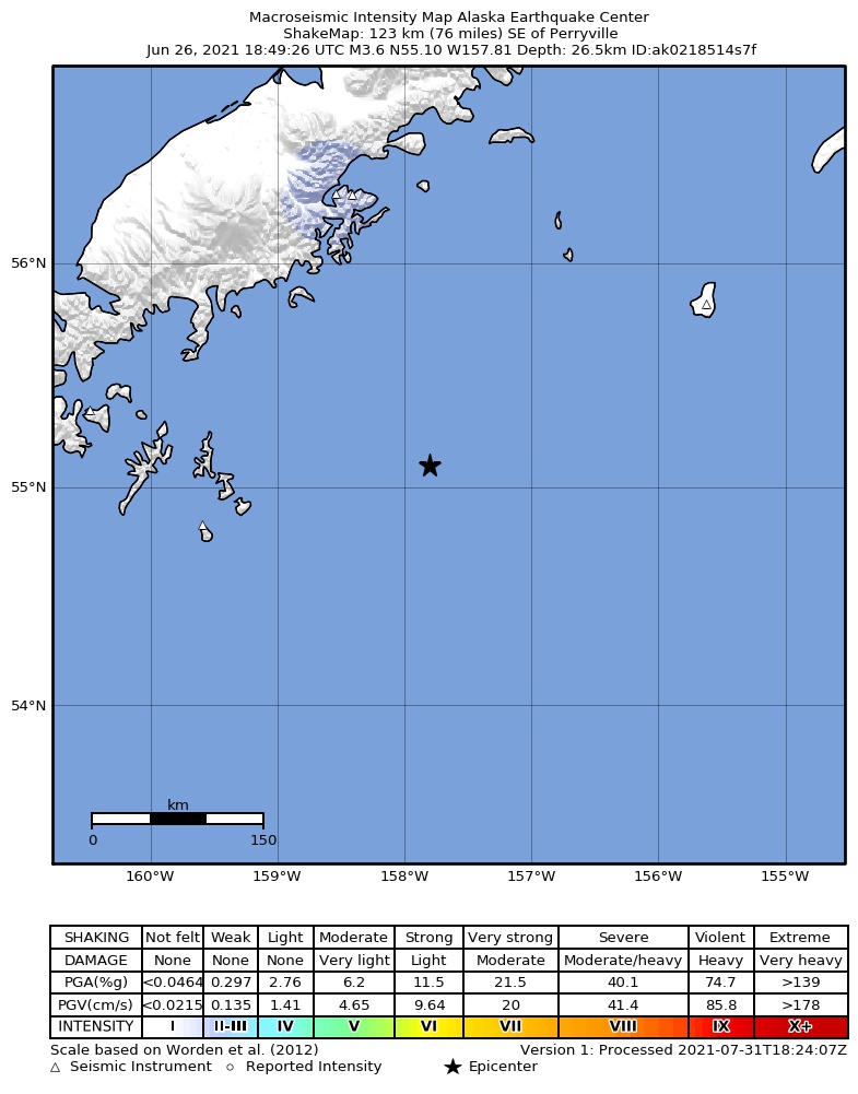 USGS ShakeMap: estimated shaking intensity around the epicenter