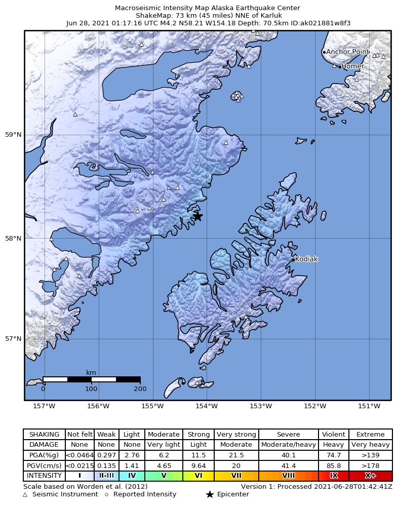USGS ShakeMap: estimated shaking intensity around the epicenter