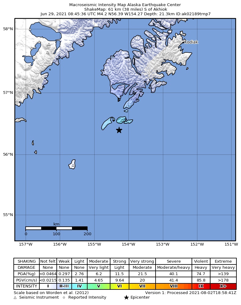 USGS ShakeMap: estimated shaking intensity around the epicenter