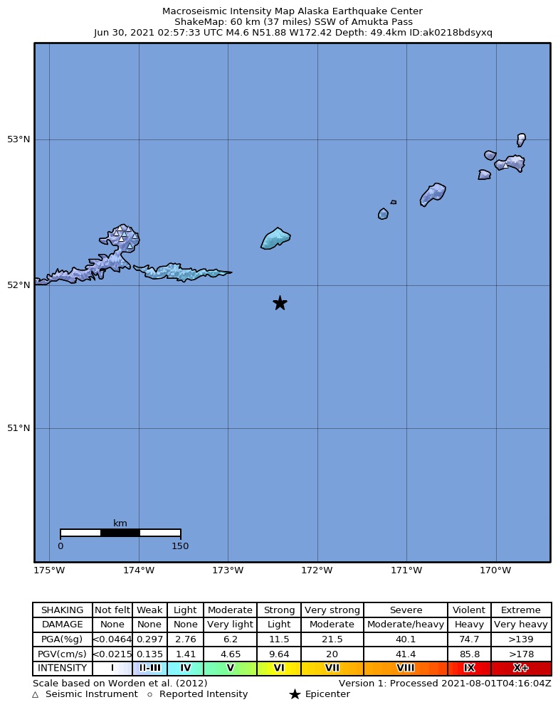 USGS ShakeMap: estimated shaking intensity around the epicenter