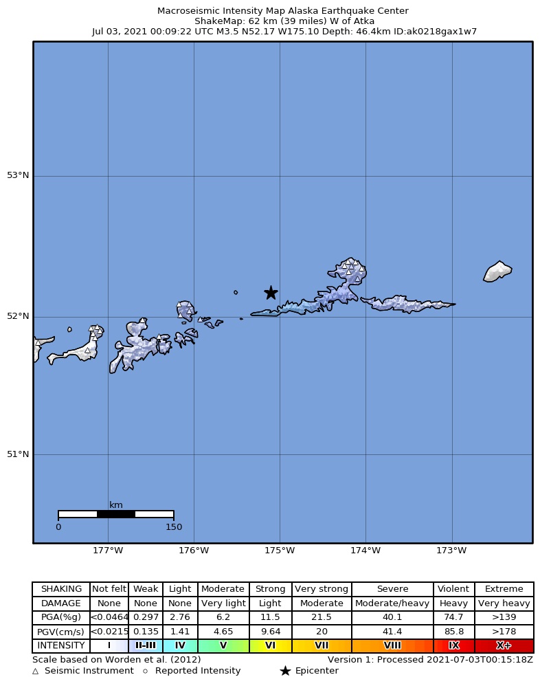 USGS ShakeMap: estimated shaking intensity around the epicenter