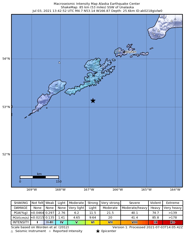 USGS ShakeMap: estimated shaking intensity around the epicenter