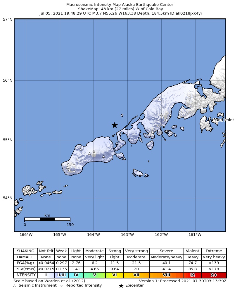 USGS ShakeMap: estimated shaking intensity around the epicenter
