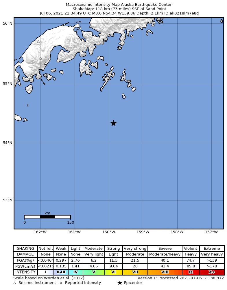 USGS ShakeMap: estimated shaking intensity around the epicenter