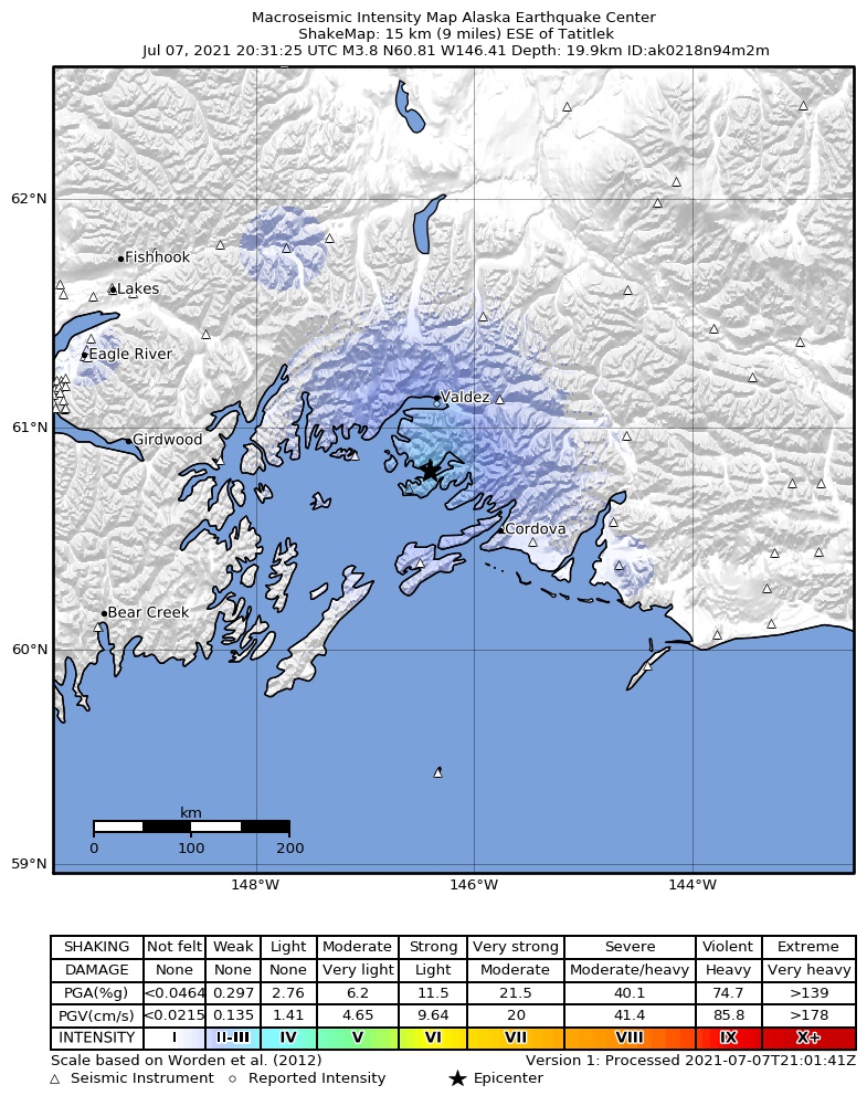 USGS ShakeMap: estimated shaking intensity around the epicenter