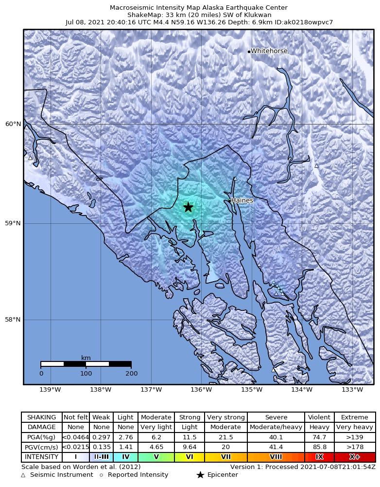 USGS ShakeMap: estimated shaking intensity around the epicenter