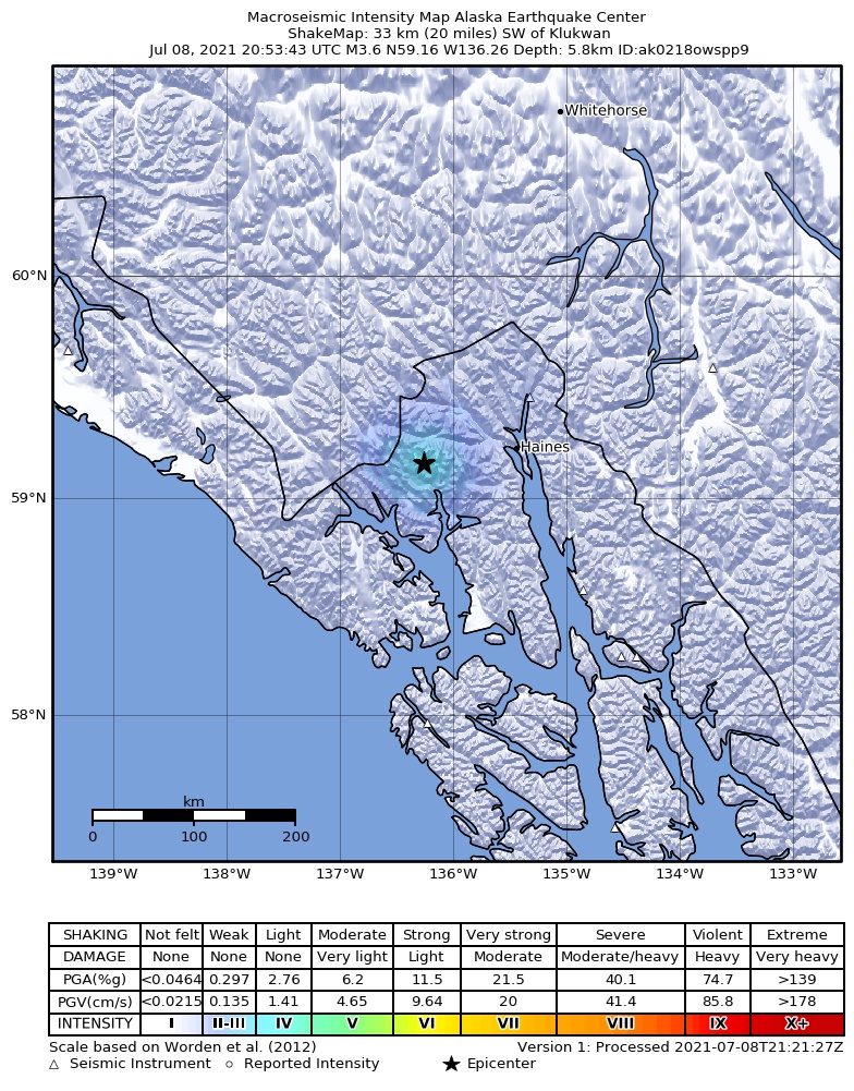 USGS ShakeMap: estimated shaking intensity around the epicenter