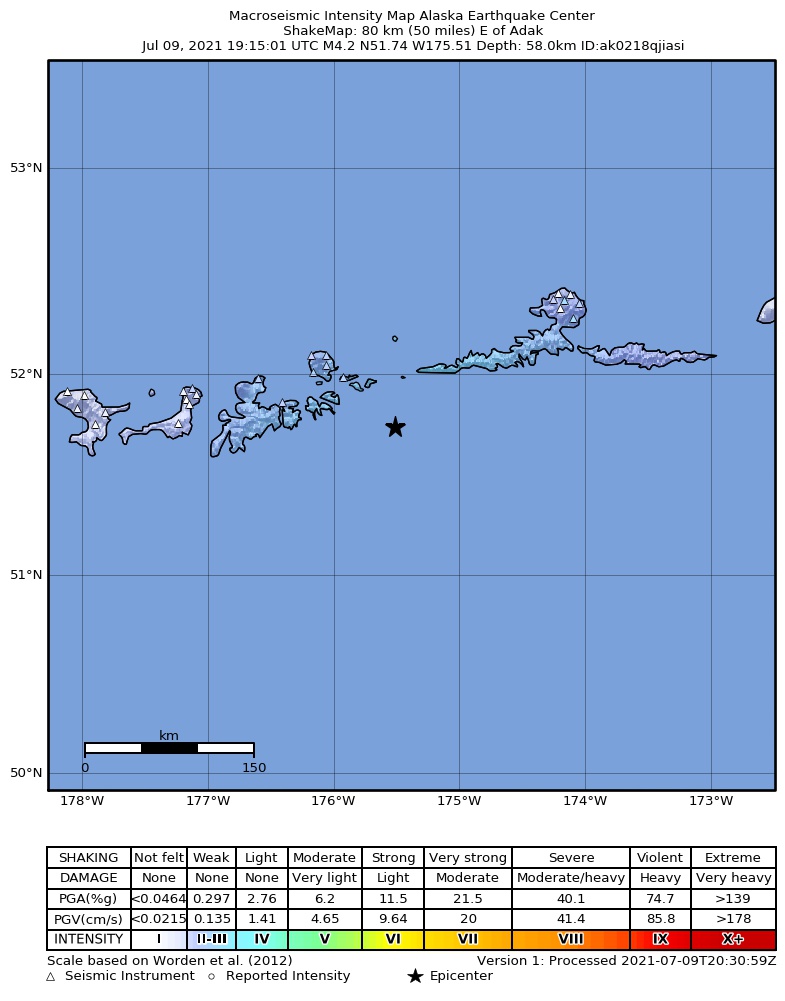 USGS ShakeMap: estimated shaking intensity around the epicenter