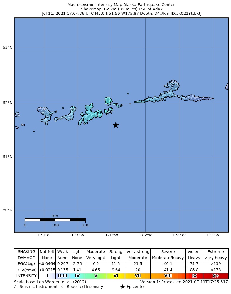 USGS ShakeMap intensity contours for the M5.0 earthquake near 49 km ESE of Adak, Alaska