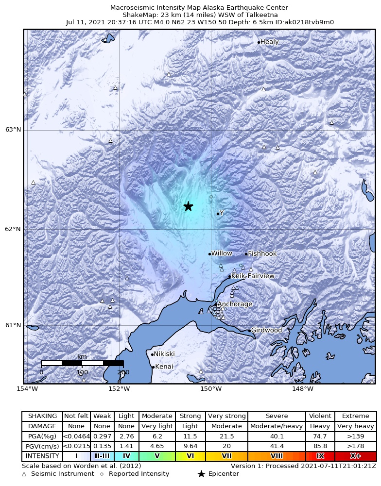 USGS ShakeMap intensity contours for the M4.0 earthquake near 16 km WSW of Trapper Creek, Alaska