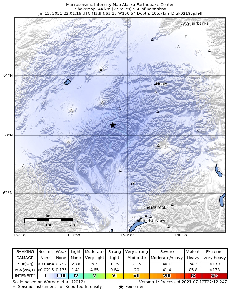 USGS ShakeMap: estimated shaking intensity around the epicenter