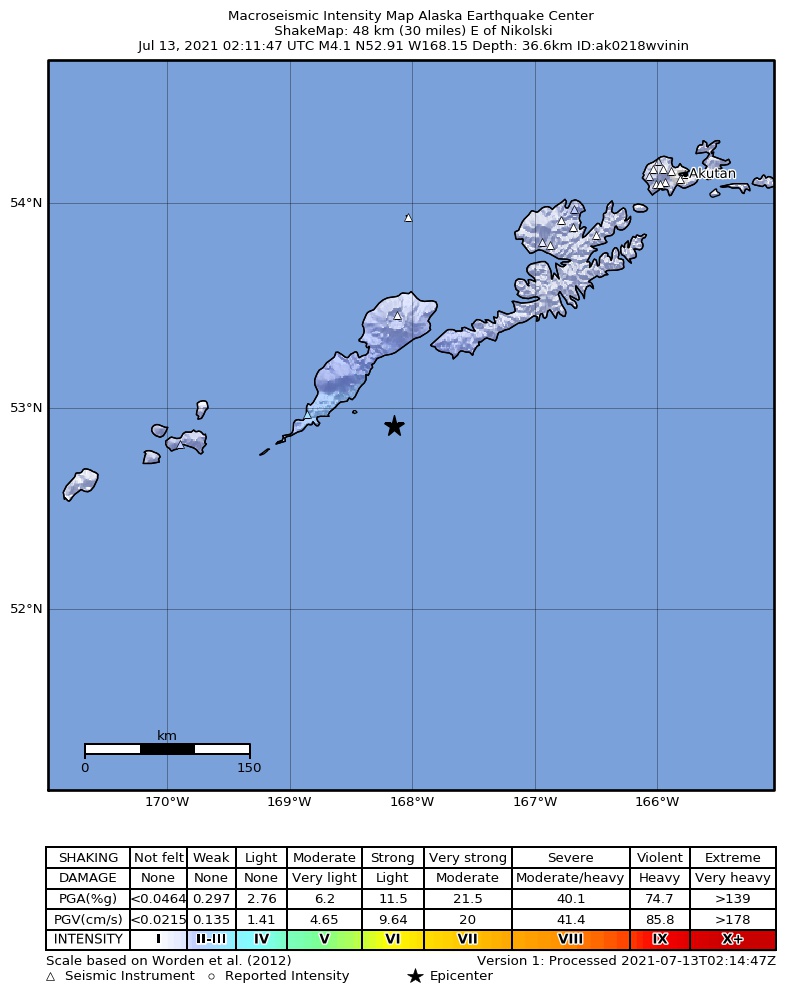USGS ShakeMap: estimated shaking intensity around the epicenter
