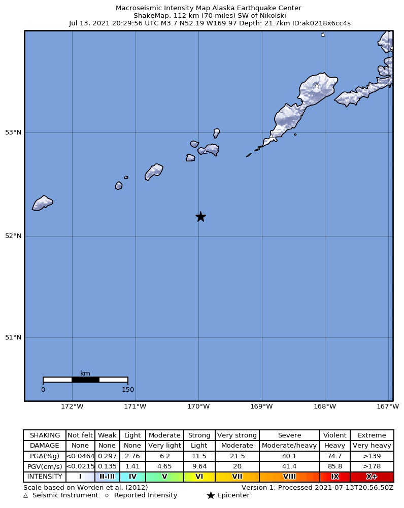 USGS ShakeMap intensity contours for the M3.8 earthquake near 106 km SW of Nikolski, Alaska