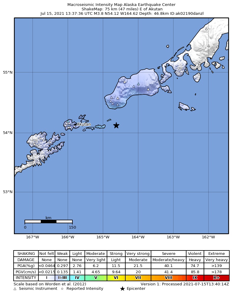 USGS ShakeMap: estimated shaking intensity around the epicenter