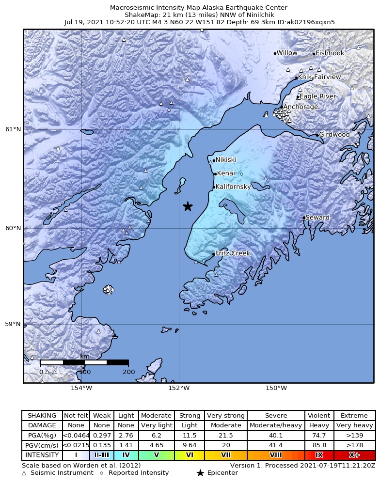 USGS ShakeMap: estimated shaking intensity around the epicenter