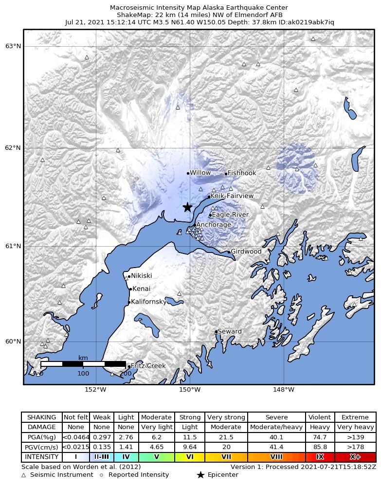 USGS ShakeMap: estimated shaking intensity around the epicenter