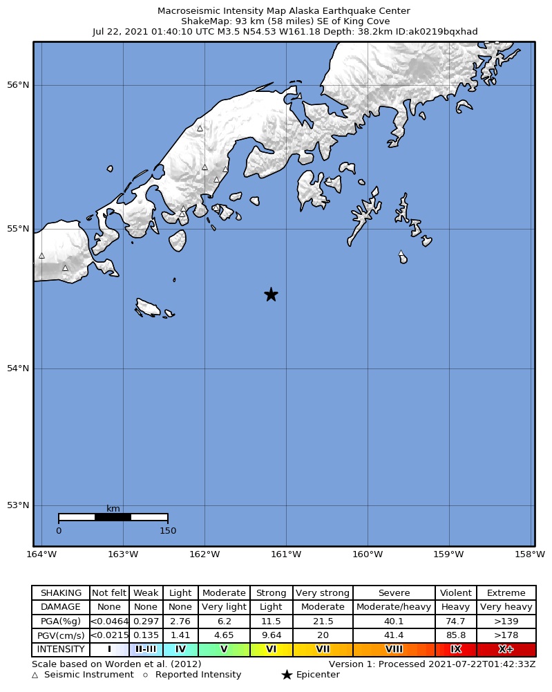 USGS ShakeMap: estimated shaking intensity around the epicenter