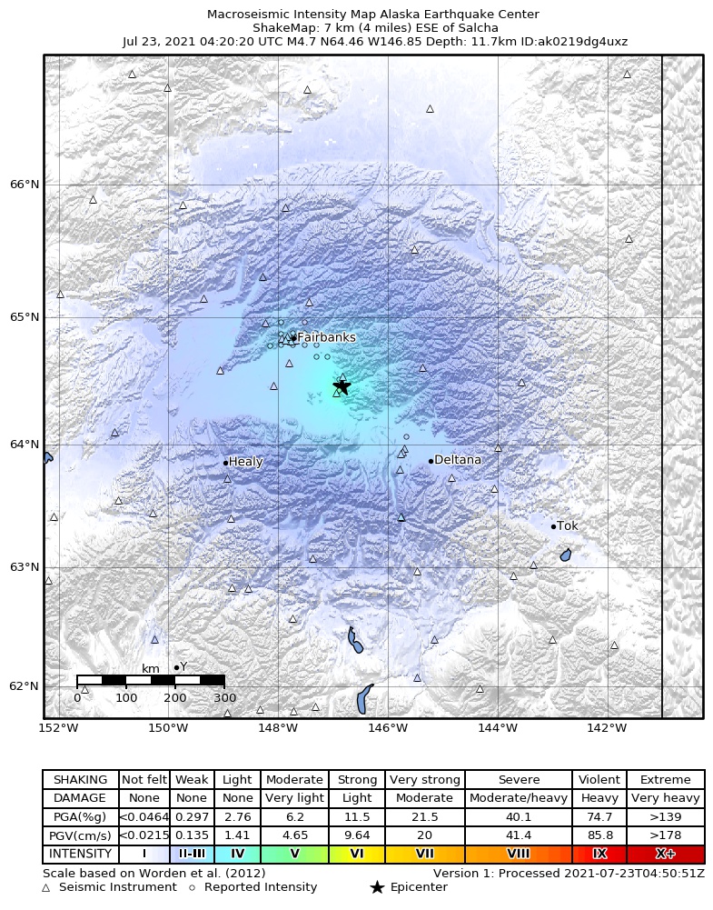 USGS ShakeMap intensity contours for the M4.8 earthquake near 11 km NW of Harding-Birch Lakes, Alaska