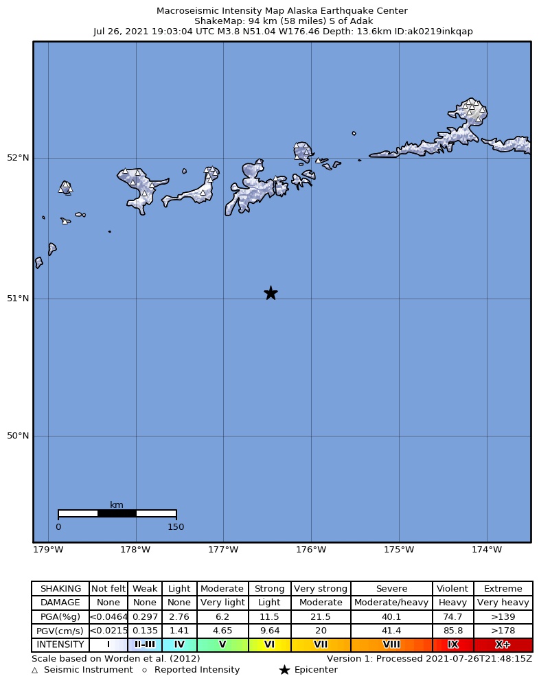 USGS ShakeMap: estimated shaking intensity around the epicenter
