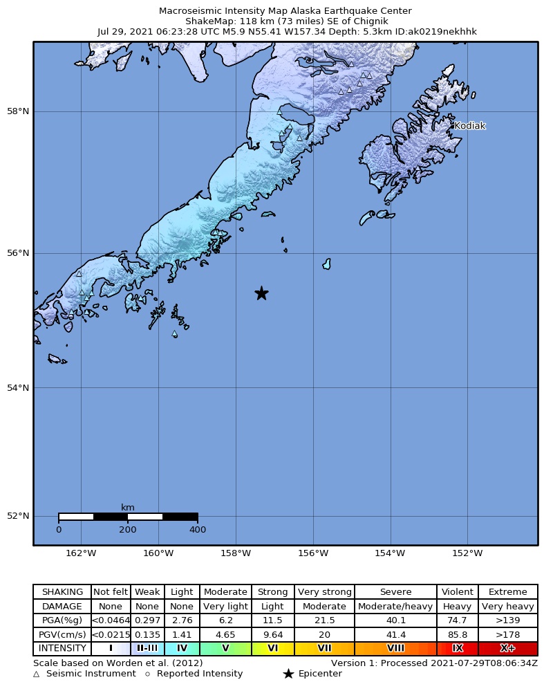USGS ShakeMap intensity contours for the M5.9 earthquake near 127 km SE of Chignik, Alaska