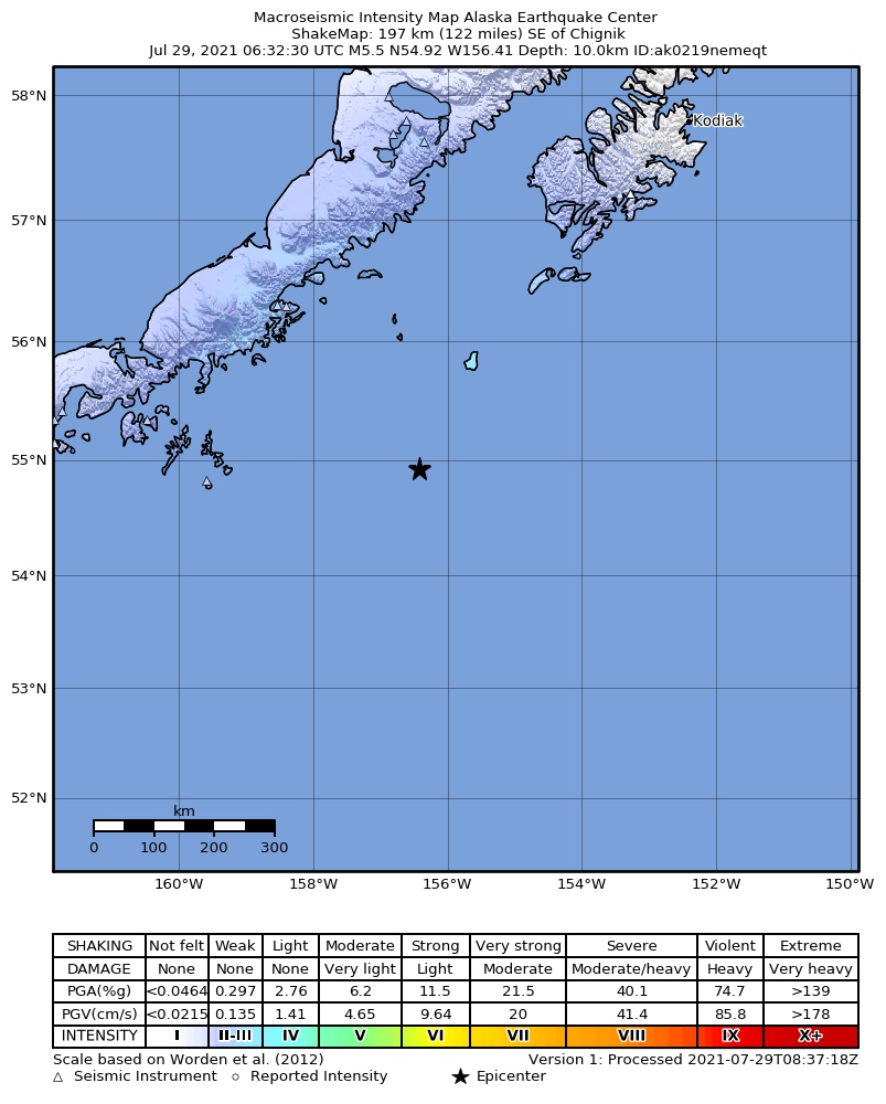 USGS ShakeMap: estimated shaking intensity around the epicenter
