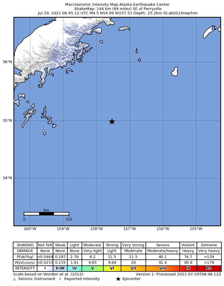 USGS ShakeMap: estimated shaking intensity around the epicenter