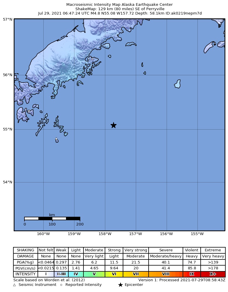 USGS ShakeMap: estimated shaking intensity around the epicenter