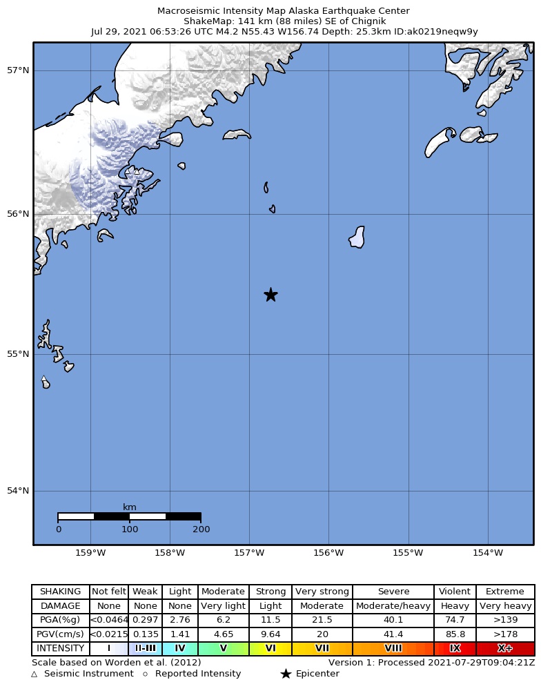 USGS ShakeMap: estimated shaking intensity around the epicenter