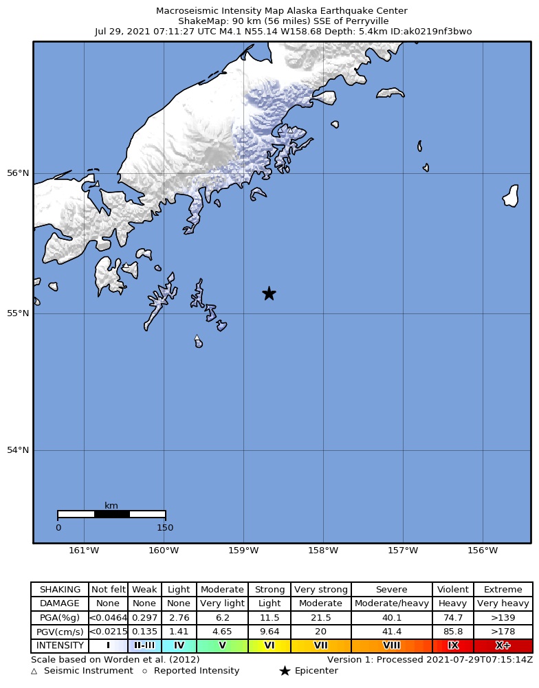 USGS ShakeMap: estimated shaking intensity around the epicenter