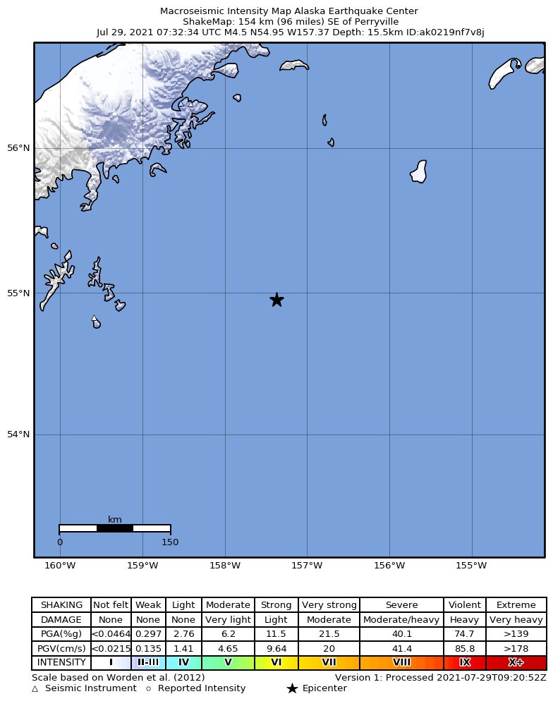 USGS ShakeMap: estimated shaking intensity around the epicenter