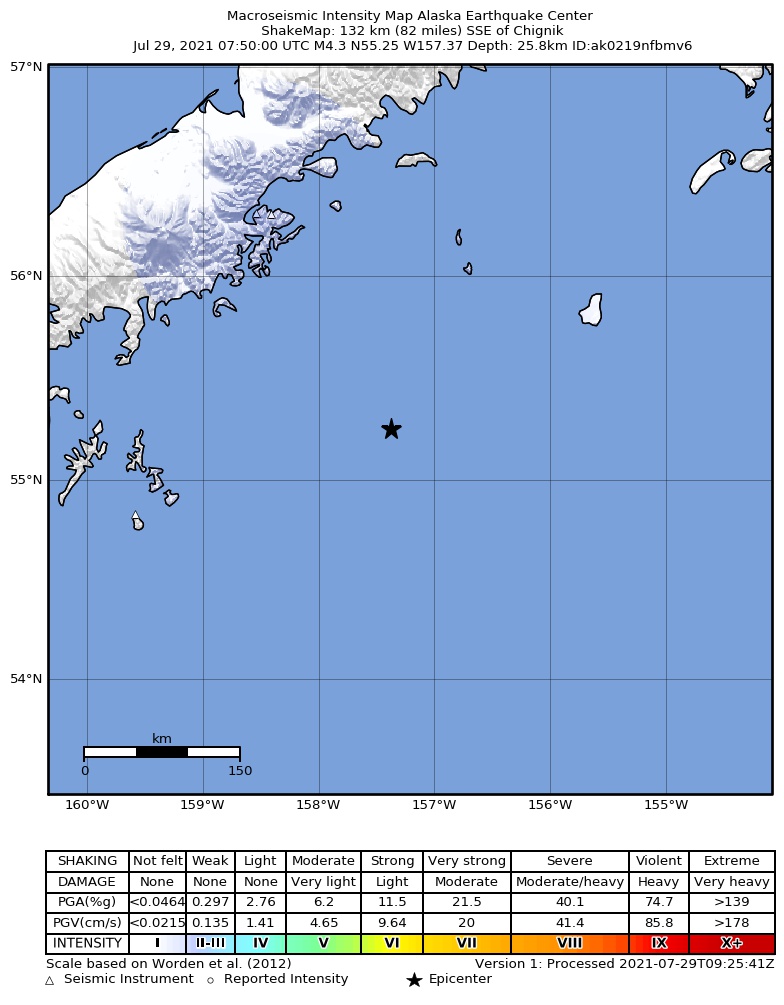 USGS ShakeMap: estimated shaking intensity around the epicenter