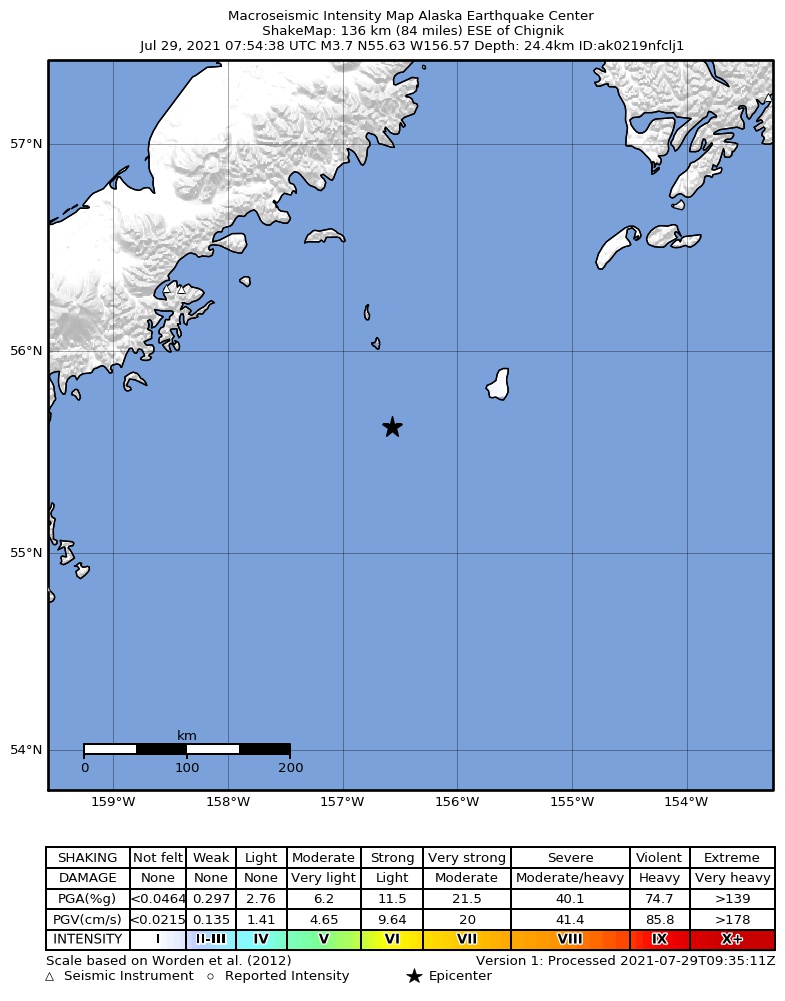 USGS ShakeMap: estimated shaking intensity around the epicenter