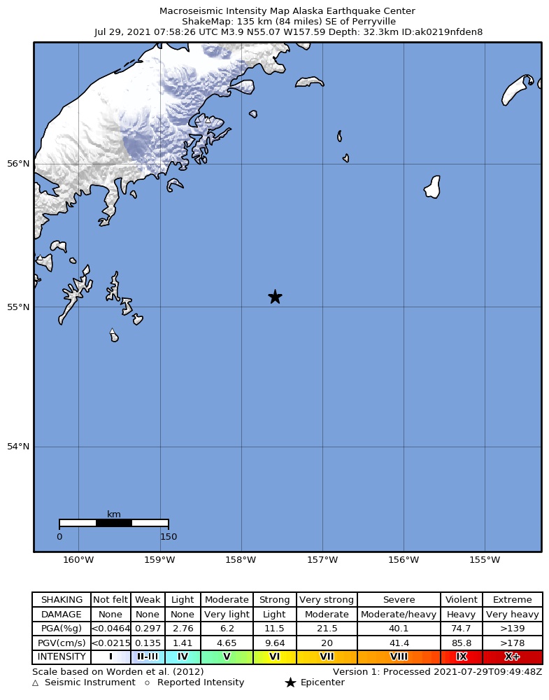 USGS ShakeMap: estimated shaking intensity around the epicenter