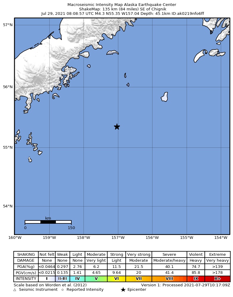 USGS ShakeMap: estimated shaking intensity around the epicenter