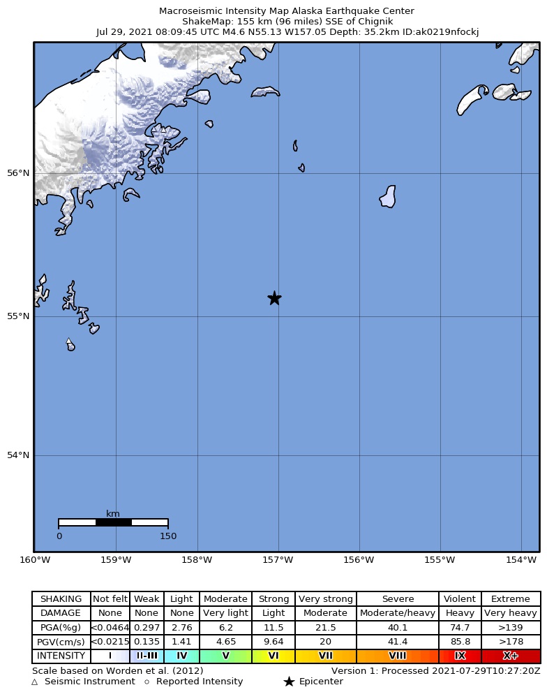 USGS ShakeMap: estimated shaking intensity around the epicenter