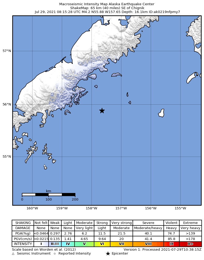 USGS ShakeMap: estimated shaking intensity around the epicenter