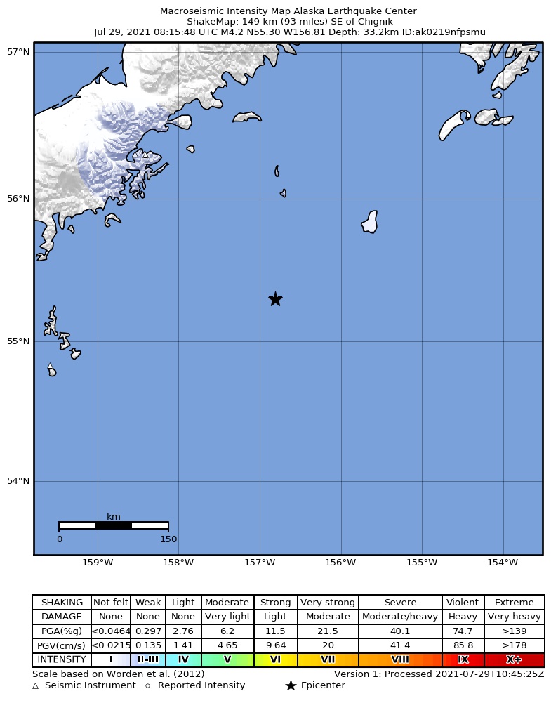 USGS ShakeMap: estimated shaking intensity around the epicenter