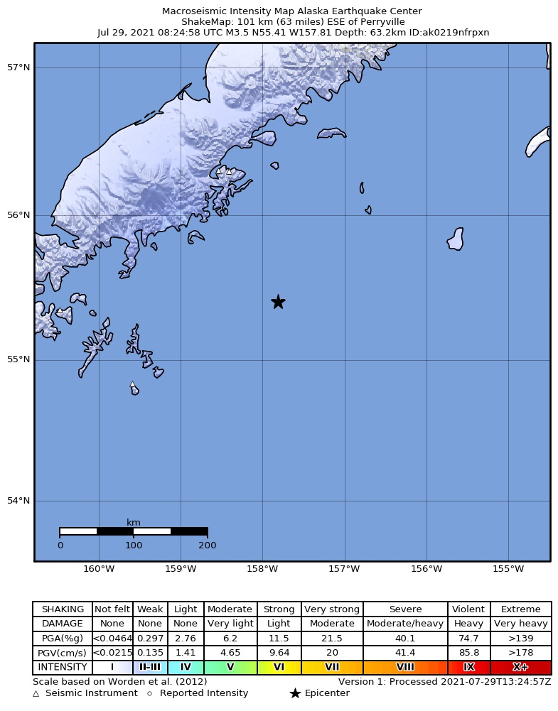 USGS ShakeMap: estimated shaking intensity around the epicenter