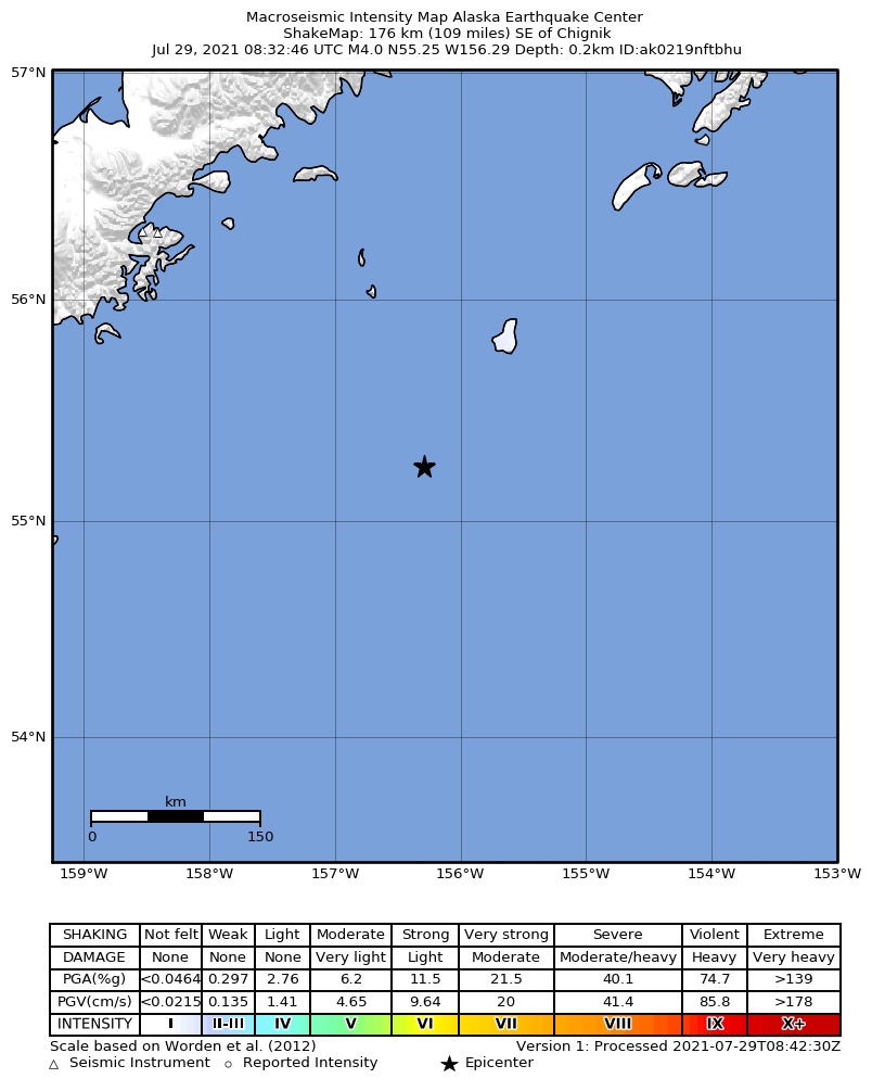 USGS ShakeMap: estimated shaking intensity around the epicenter