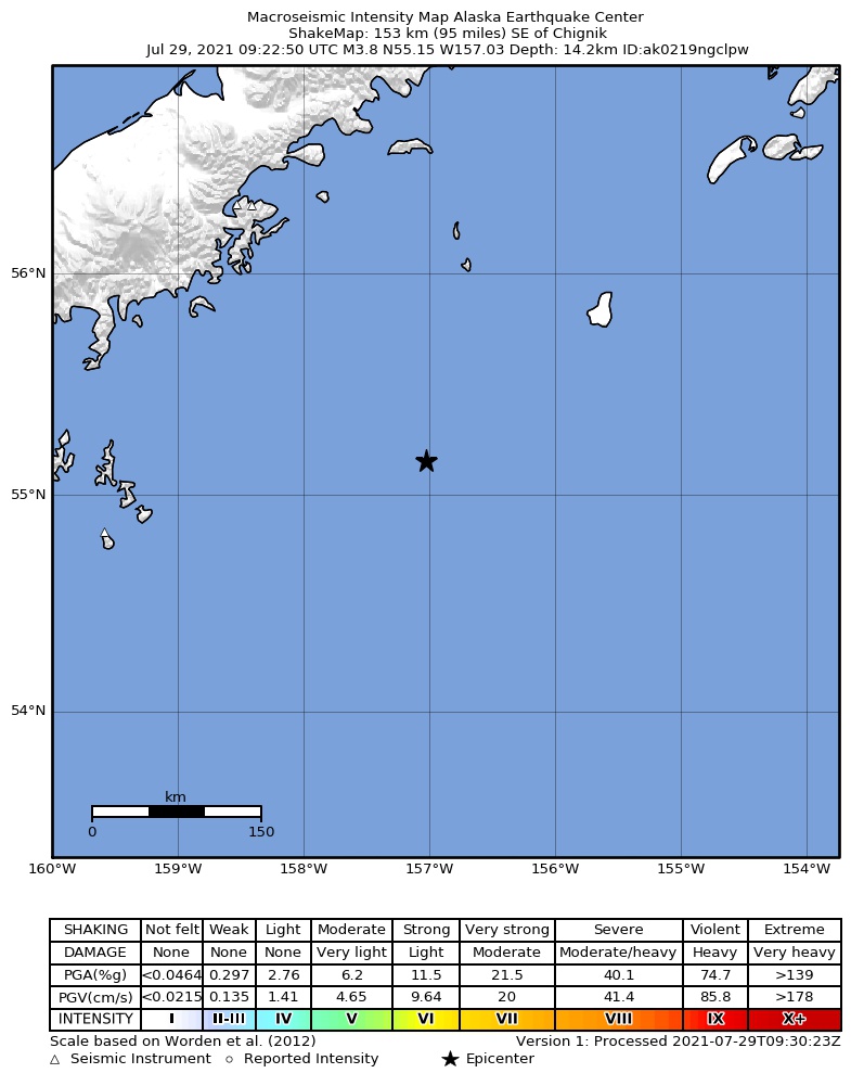 USGS ShakeMap: estimated shaking intensity around the epicenter