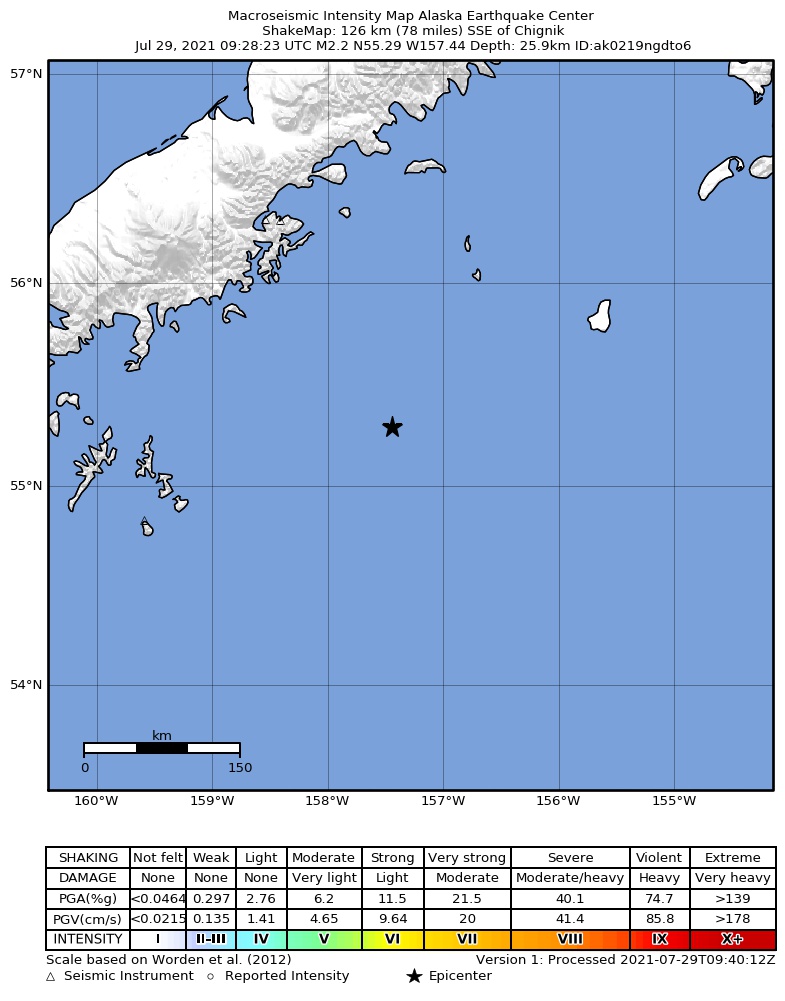USGS ShakeMap: estimated shaking intensity around the epicenter