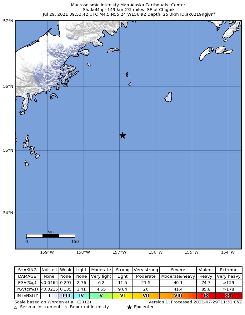 USGS ShakeMap: estimated shaking intensity around the epicenter
