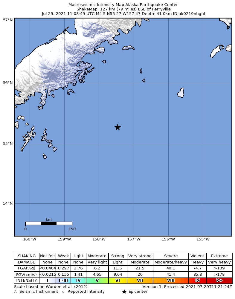 USGS ShakeMap: estimated shaking intensity around the epicenter